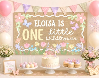 Editable One Little Wildflower Banner, 1st Pastel Floral Bday Party Decor, Banner Template, Boho Birthday Sign, DIY Paint Style Kraft Poster