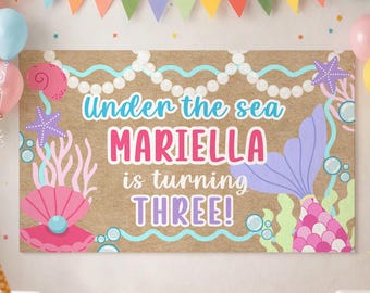 Plantilla editable de pancarta de cumpleaños bajo el mar, fondo de sirena, pancarta para niñas, letrero de fiesta pintado DIY, decoración de cumpleaños con temática oceánica
