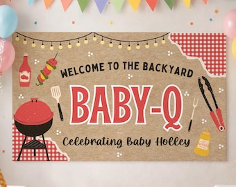Plantilla editable para pancarta de barbacoa Baby-Q, decoración para fiesta de baby shower con temática de barbacoa, fondo pintado estilo DIY "Little Cutie", 2x6 Walgreens, póster imprimible