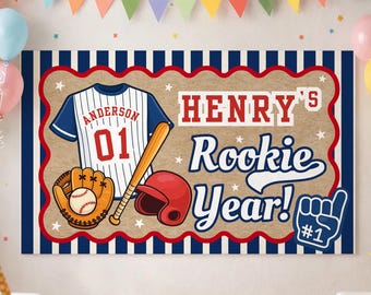 Banner editable para el primer cumpleaños de novato, plantilla de banner para el primer cumpleaños de béisbol, fondo para fiesta de primer año de novato, 35 x 60 x 72 x 24 pulgadas, decoración para fiestas