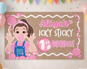 Plantilla editable de pancarta para el primer cumpleaños de la Sra. Rachel, letrero rosa inspirado en preescolar, estilo de pintura DIY, primer cumpleaños, fondo adhesivo.