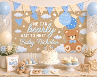 Editable We Can Bearly Wait Banner Template, Teddy Bear Boy Baby Shower Backdrop, Welcome Sign Party Decor