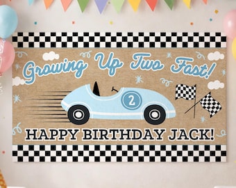 Plantilla editable para pancarta "Creciendo a toda velocidad", fondo de cumpleaños de 2º cumpleaños con temática de coches de carreras, letrero "Dos rápidos", pancarta de cumpleaños de 2º cumpleaños para niño, letrero pintado para hacer tú mismo