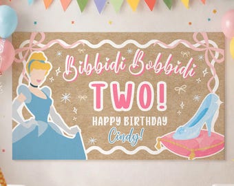 Plantilla editable para pancarta de Princesa Dos, decoración para fiesta de segundo cumpleaños de princesa, letrero de Bibbidi Bobbidi Dos, póster estilo pintado DIY 2x6 5 x 3 pies