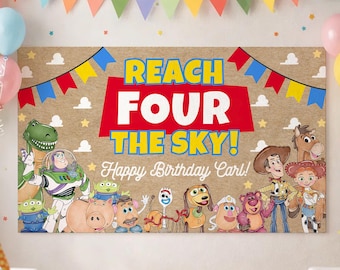 Editable Reach FOUR the stars 5x3 2x6 DIY Painted Style, Party Banner Sign, Toy 4th Birthday Party Decor Backdrop, Bday Party Welcome Sign