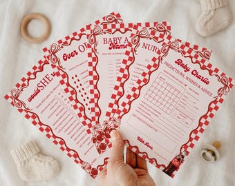 Paquete de juegos editables para baby shower con temática retro roja, listos para usar, juegos imprimibles para baby shower con refresco de cereza, juegos para fiesta temática de refresco rojo