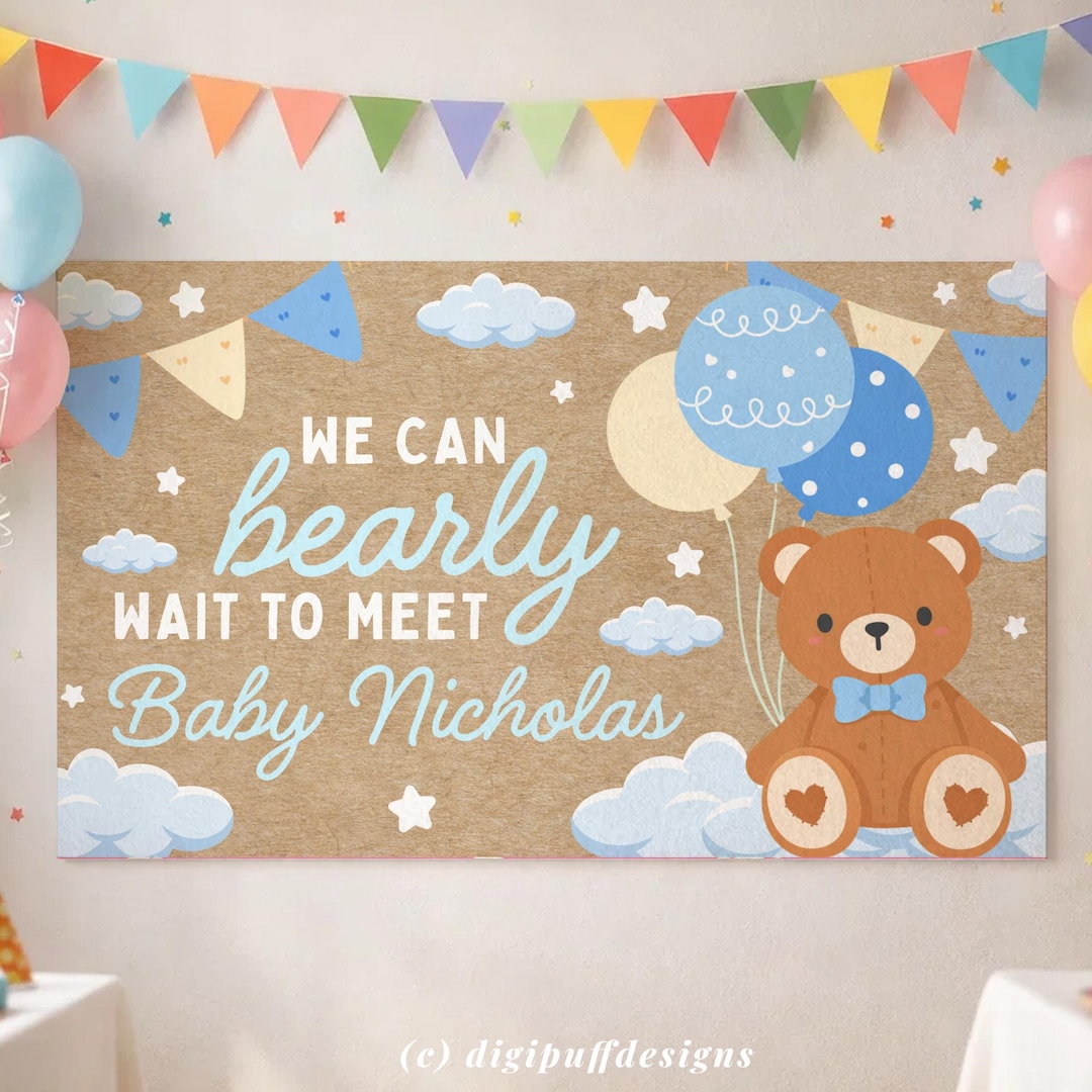 Editable We Can Bearly Wait Banner Template, Teddy Bear Boy Baby Shower ...
