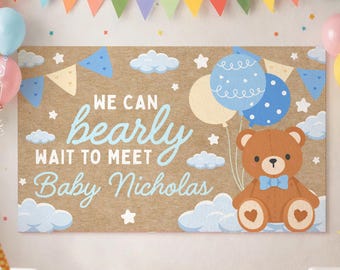 Plantilla editable de pancarta "We Can Bearly Wait", fondo para baby shower de niño con osito de peluche, letrero de bienvenida para fiestas