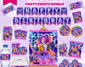Paquete editable para fiesta de cumpleaños de Cazadores de Demonios del K-pop, decoraciones para fiestas Huntrix, regalos, artículos para fiestas, letrero de bienvenida, pancarta, Caprisun