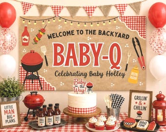 Editable BBQ Baby-Q Banner Template, BBQ Baby Shower Party Decor, Little Cutie DIY Painted Style Backdrop, 2x6 Walgreens, Printable Poster