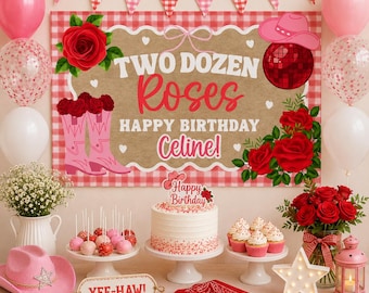 Editable Two Dozen Roses Birthday Banner Template, Western 2nd Party Decor, Coquette Floral Backdrop, Romantic Pink Roses, DIY Painted Style