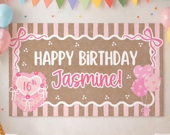 Plantilla editable de pancarta de cumpleaños con lazo rosa para niña, fondo de letrero pintado DIY, decoración de fiesta con lazo, fondo de Walgreens