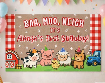 Plantilla editable de pancarta roja de animales de granja para el primer cumpleaños de niño, letrero de granja de 36 x 60 x 72 x 24 pulgadas, estilo pintado DIY, fondo decorativo con animales para la primera fiesta.