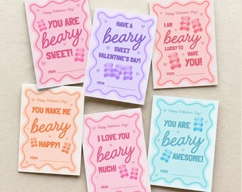 Tarjetas de San Valentín con ositos de goma en tonos pastel, tarjetas de intercambio de ositos, etiquetas para San Valentín para niñas, tarjetas de San Valentín con coquetas en tonos pastel