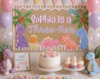 Editable Girl Three-Rex 3rd Bday Party Banner, Pink Dinosaur Backdrop,3-Rex Party Sign, Painted Style Banner, Printable Poster, Walgreens