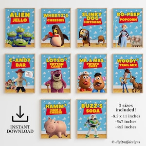 May include: A set of 12 vibrant Toy Story-themed posters, each showcasing a character with a food or drink item, like "Alien Jello" and "Buzz's Soda". The posters are set against a blue sky backdrop. Includes 3 sizes.