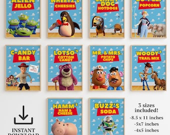 Letreros para fiestas de cumpleaños de Toy Story, estaciones de comida y golosinas, tarjetas de comida de Toy Story, decoraciones para fiestas de Toy Story, letreros para fiestas de cumpleaños de Toy Story.