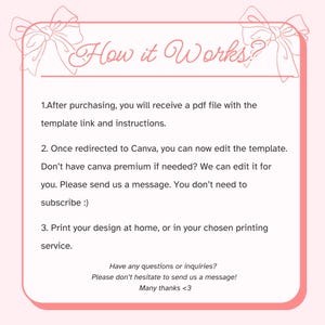 K&ouml;nnte beinhalten: Eine rosa-wei&szlig;e Grafik mit dem Text "How it Works?" und nummerierten Schritten, die den Prozess eines digitalen Produkts erkl&auml;ren. Enth&auml;lt Anweisungen zum Bearbeiten einer Vorlage in Canva und zum Drucken des Designs.