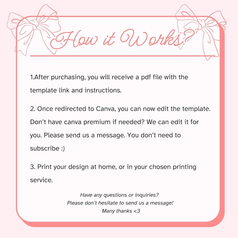 K&ouml;nnte beinhalten: Eine rosa-wei&szlig;e Grafik mit dem Text "How it Works?" und nummerierten Schritten, die den Prozess eines digitalen Produkts erkl&auml;ren. Enth&auml;lt Anweisungen zum Bearbeiten einer Vorlage in Canva und zum Drucken des Designs.