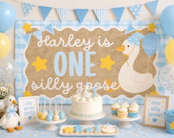 Editable Blue Gingham One Silly Goose Banner, 1st Bday Party Decor, Banner Template, Birthday Sign, DIY Painted Style Kraft Poster