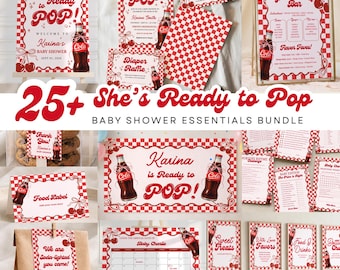 Plantilla editable para baby shower, lista para usar, con temática retro de refresco para niña, decoración de invitación con lazo rojo y rosa.