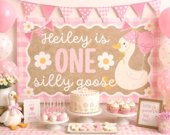 Editable Pink Gingham One Silly Goose Banner, 1st Bday Party Decor, Banner Template, Birthday Sign, DIY Painted Style Kraft Poster