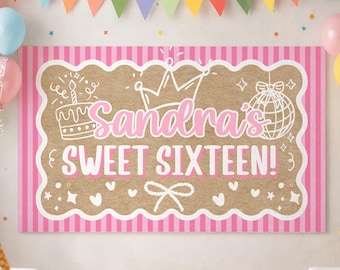 Plantilla editable de pancarta rosa para fiesta de 16 cumpleaños, fondo de cumpleaños, letrero rosa coqueto para 16 años, pancarta de fiesta estilo pintado DIY
