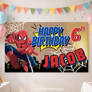 Bearbeitbare Spinne Geburtstagsbanner Vorlage, 36x60 72x24 Superheld Schild, DIY Painted Style, Party Banner, Spidey Canva Decor Hintergrund