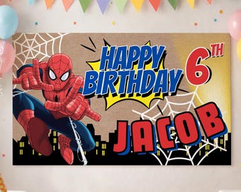 Plantilla editable de pancarta de cumpleaños de araña, letrero de superhéroe de 36 x 60 x 72 x 24 pulgadas, estilo pintado DIY, pancarta de fiesta, fondo de decoración de lona de Spidey