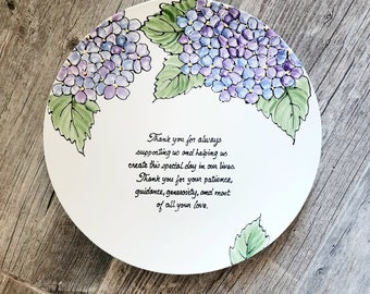 Wedding Gift for Parents, QUICK SHIP, Personalized Thank you Mom and Dad, Mother and Father present, hand painted, hydrangea