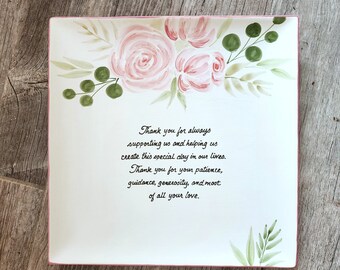 Personalized Thank you Mom and Dad, QUICK SHIP Wedding Gift for Parents, Mother and Father present, hand painted wedding plate, pink rose