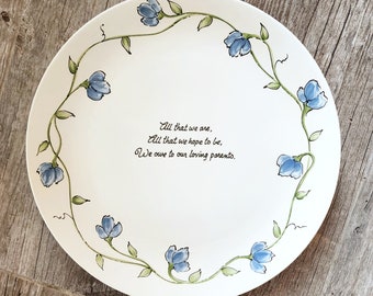 Personalized Thank you Mom and Dad, Quick Ship Wedding Gift for Parents, Mother and Father present, hand painted wedding plate, blue vine