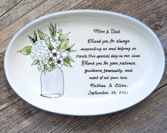 Wedding Gift for Parents, Mason Jar CUSTOM Personalized Thank you Mom and Dad Mother and Father present hand painted wedding plate mason jar