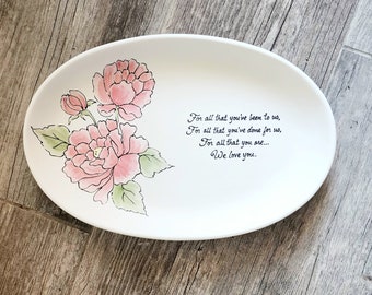 Thank you Mom and Dad, wedding gift for parents, Mother and Father present hand painted wedding plate, peonies