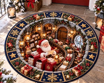 3D Illusion Christmas Round Rug, Santa Spiral Staircase Library Floor Mat, Spooky Halloween Xmas Area Carpet House Decor Option