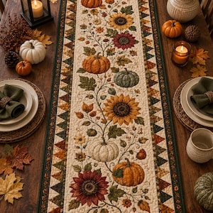 Rustic Garden Quilted Table Runner Farmhouse Kitchen Decor Custom Housewarming Gift Autumn Fall Pumpkin Sunflower Table Decoration Party