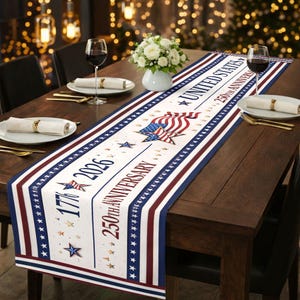 May include: A patriotic table runner with a white background, featuring the American flag, stars, and the text "UNITED STATES 250th ANNIVERSARY 1776 2026". The runner has red and blue stripes and star patterns.