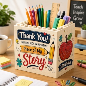 Personalized Teacher Pen Pot Building Block, Apple Puzzle Pen Holder, Thank You Teacher Appreciation Gift, Custom Name Classroom Desk Decor