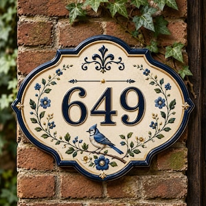 May include: An oval-shaped house number plaque featuring the digits 649 in dark blue. The plaque has a cream-colored background with a dark blue border, decorated with blue floral vines and a blue jay bird perched on a branch at the bottom.