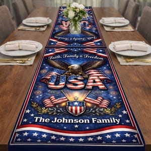 Personalized Family Name America 250th Anniversary Table Runner, Custom Faith Freedom Table Runner, Patriotic Dining Table Set 1776–2026