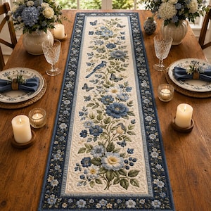 May include: A rectangular table runner featuring a cream-colored center panel with a printed design of blue flowers, green leaves, butterflies, and a blue jay bird. The runner has a dark blue border with a repeating small floral pattern.