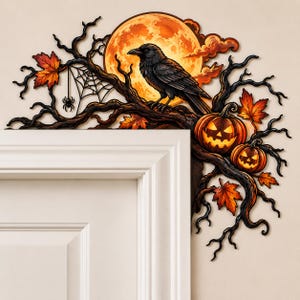May include: A decorative Halloween door corner sign featuring a black raven perched on a gnarled tree branch against a large orange full moon. The design includes two glowing jack-o'-lanterns, scattered orange autumn leaves, and a spider web.