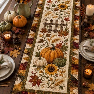 May include: A rectangular quilted table runner featuring a central cream panel with an autumn-themed print of pumpkins, sunflowers, maple leaves, wheat stalks, and a wooden fence, bordered by a geometric pattern of brown, orange, and yellow triangles.
