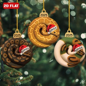 May include: Three Christmas ornaments shaped like coiled snakes, each with a Santa hat that says "SOPHIA". The ornaments are brown, yellow, and green, with the year "2025" on top. The text "2D FLAT" is in the top left corner.