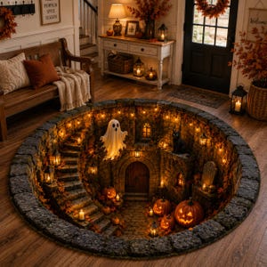 May include: A round floor rug featuring a 3D optical illusion of a deep, stone-walled dungeon staircase decorated for Halloween, complete with a white ghost, a black cat, carved jack-o'-lanterns, autumn leaves, and glowing string lights.