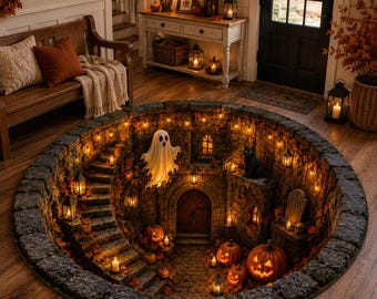Flat Halloween Haunted Well Round Rug, 3D Ghost Skeleton Black Cat Carpet, Pumpkin Cellar Illusion Floor Decor