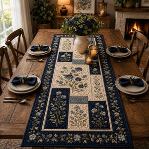 Puede incluir: Un camino de mesa acolchado rectangular con un dise&ntilde;o de patchwork en bloques de tela color crema y azul marino. El camino est&aacute; decorado con motivos florales azules bordados, incluyendo margaritas y tallos con hojas, y un borde floral.