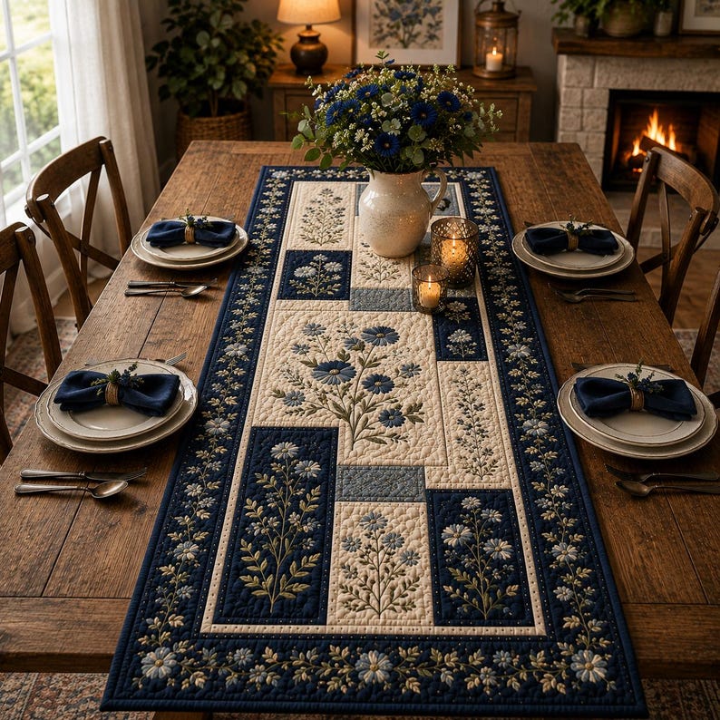 Puede incluir: Un camino de mesa acolchado rectangular con un dise&ntilde;o de patchwork en bloques de tela color crema y azul marino. El camino est&aacute; decorado con motivos florales azules bordados, incluyendo margaritas y tallos con hojas, y un borde floral.