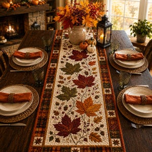 May include: A quilted table runner featuring a central pattern of embroidered autumn maple leaves, acorns, and berries in shades of red, orange, and green, bordered by a plaid fabric with star motifs, displayed on a dark wooden dining table.