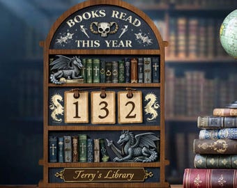 Personalized Books Read This Year Tracker | Wooden Fantasy Library Sign | Vintage Wizard Book Counter Gift for Readers Home Decor